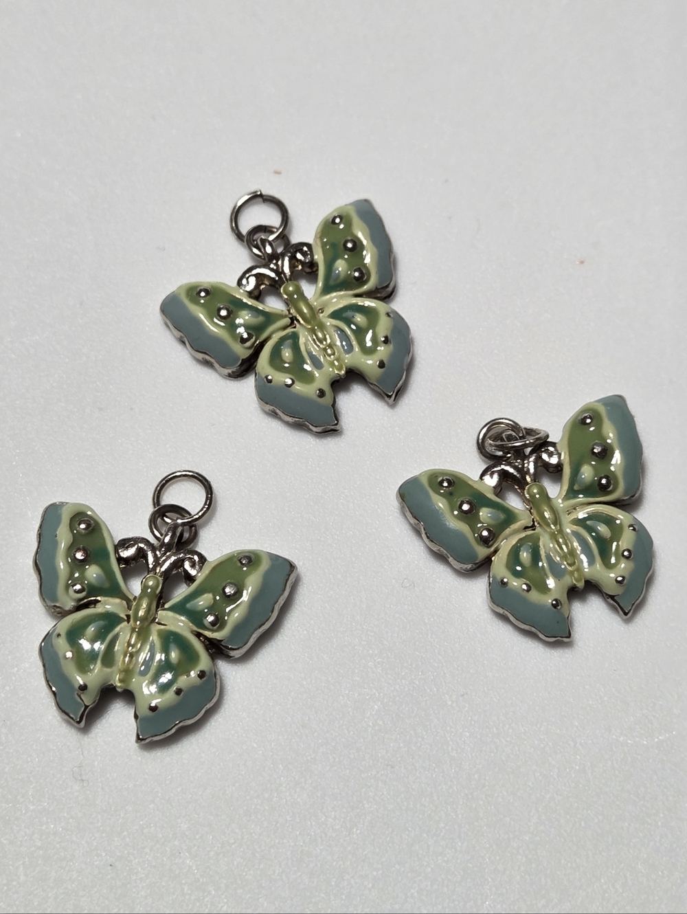 Vintage Lot of 3 Green Enamel Butterfly Charm Lot Silver Tone Cute Y2k